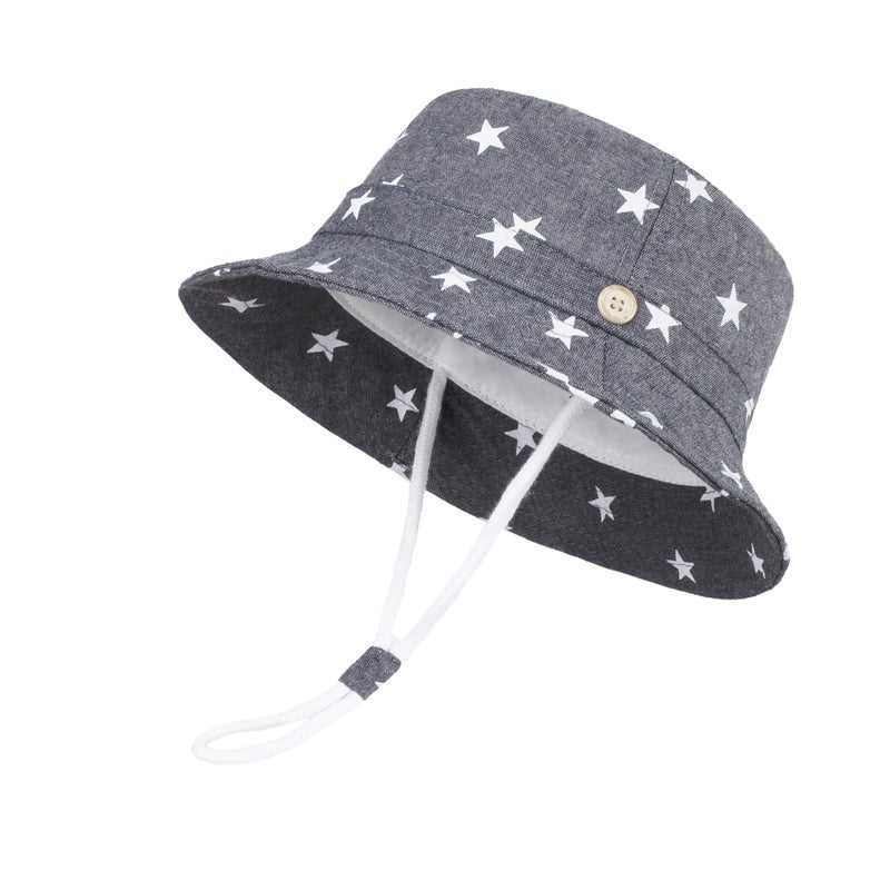 LANGZHEN Sun Protection Hat for Kids Toddler Boys Girls Wide Brim Summer Outdoor hat Cotton Baby Bucket Hat with Chin Strap (Dark Blue - Stars, XS: 3M-6M (46cm /18.1")) - Image 1